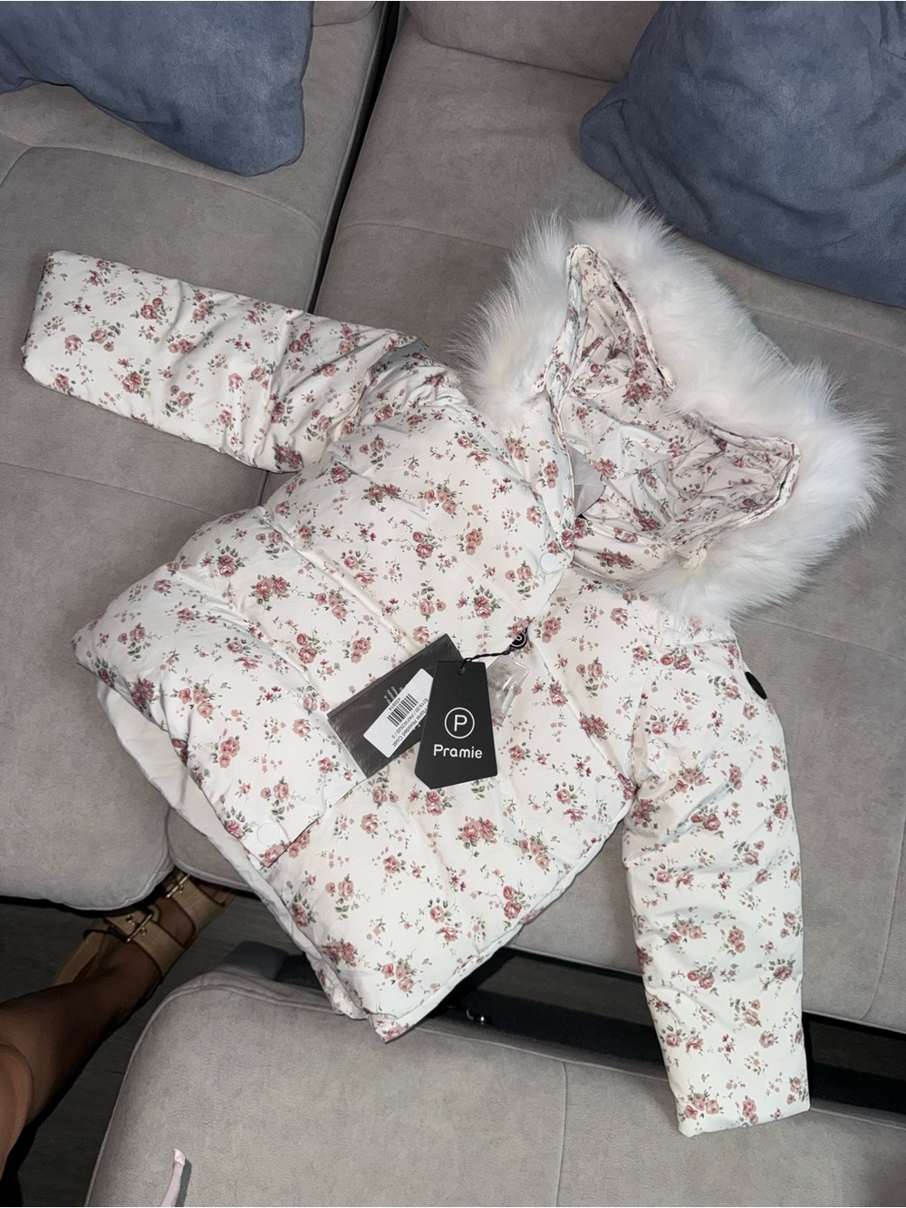 Floral Puff Jacket with Faux Fur Hood - White/Pink